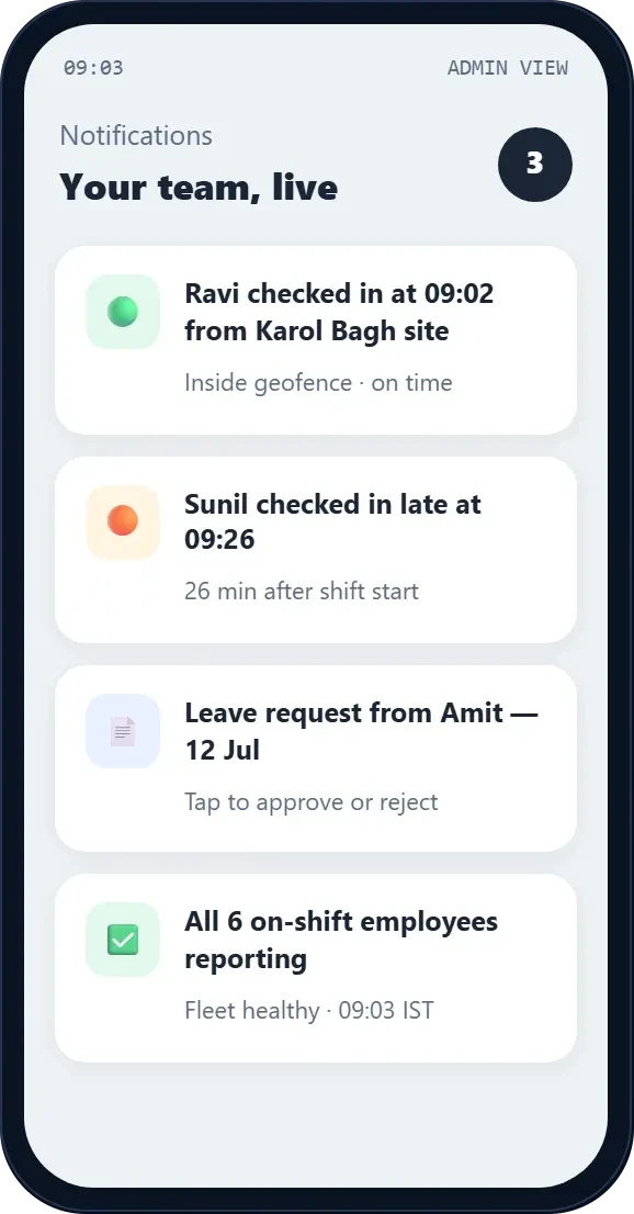 GeoWave phone app showing live check-in and leave notifications for a field team
