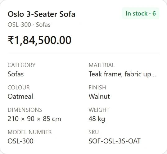 Intelix360 product card for an Oslo 3-seater sofa priced at 1,84,500 rupees, in stock