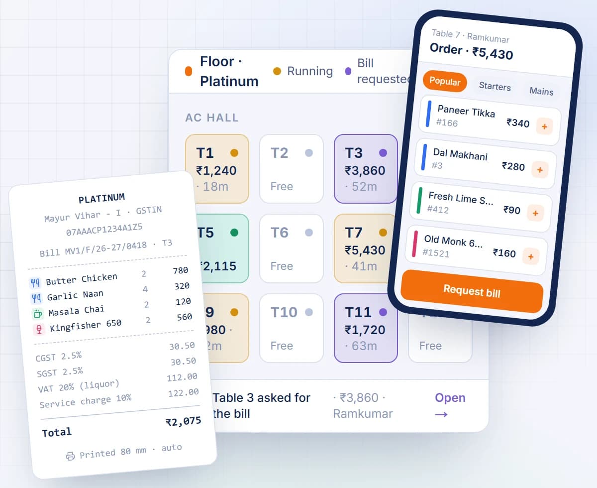 IntelixServe live floor plan with table status, a waiter's order screen and a printed GST bill